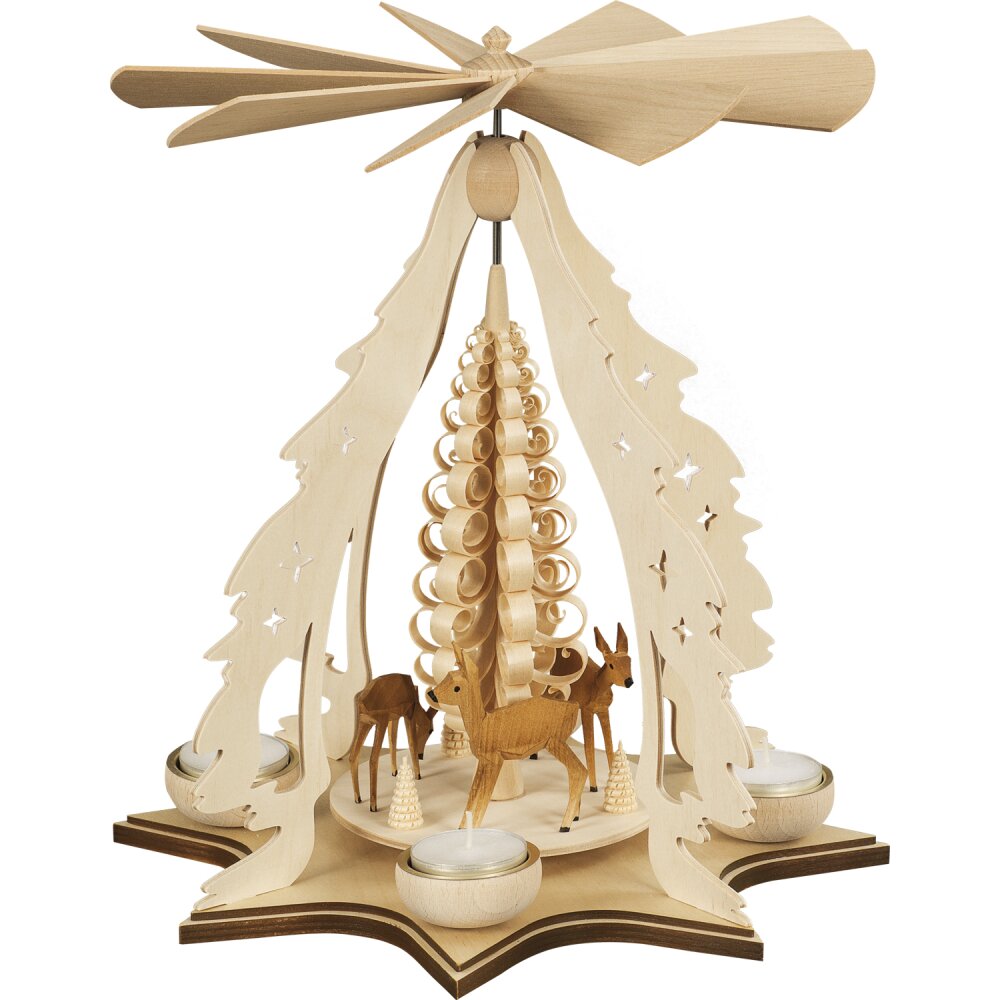 Taulin Pyramide Rehe natur für Teelichter - Original Holzkunst aus dem Erzgebirge