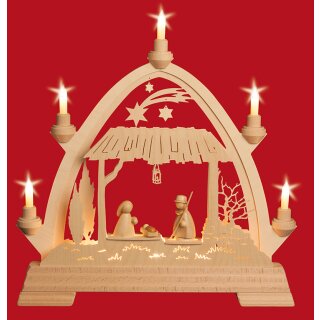 Taulin round arch stable Holy Family modern - with front lighting